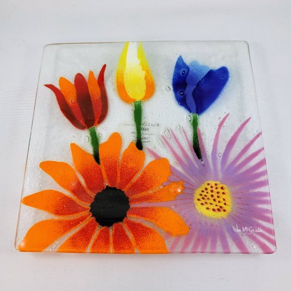 Tulips Plate Fusion Art Glass Dish Summer Garden Inkogneto Stamped - Picture 1 of 8